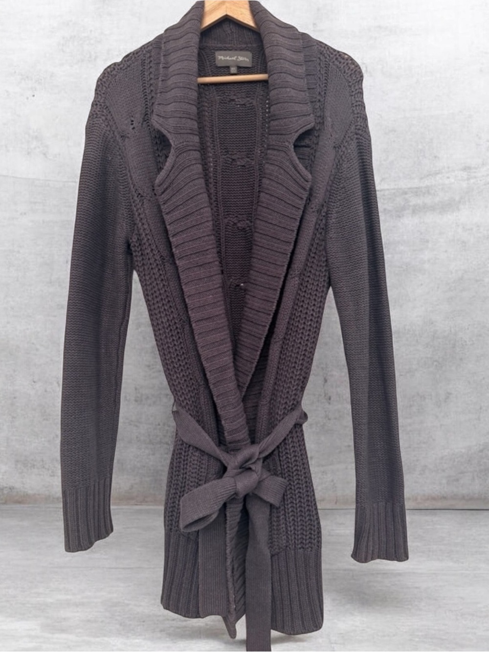 Michael Stars Cable Knit Belted Cardigan Sweater Charcoal Gray Cozy | M/L